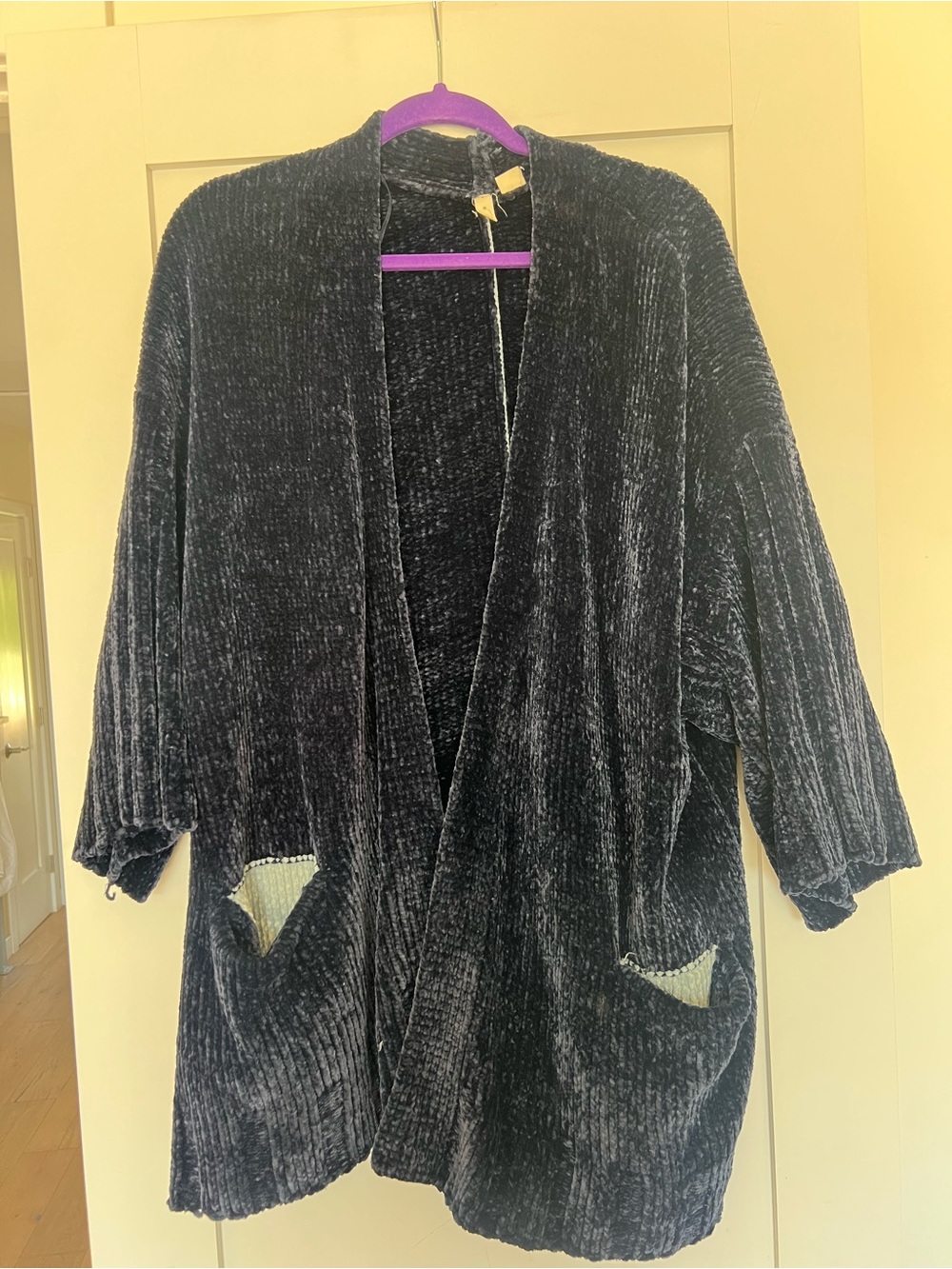 Moth Navy Plush Open-Front Velvet Cardigan